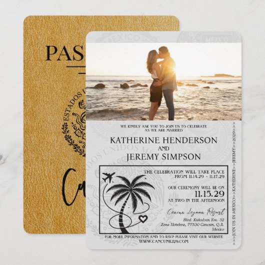 Gold Cancun Passport Wedding Kaart (Voorkant / Achterkant)