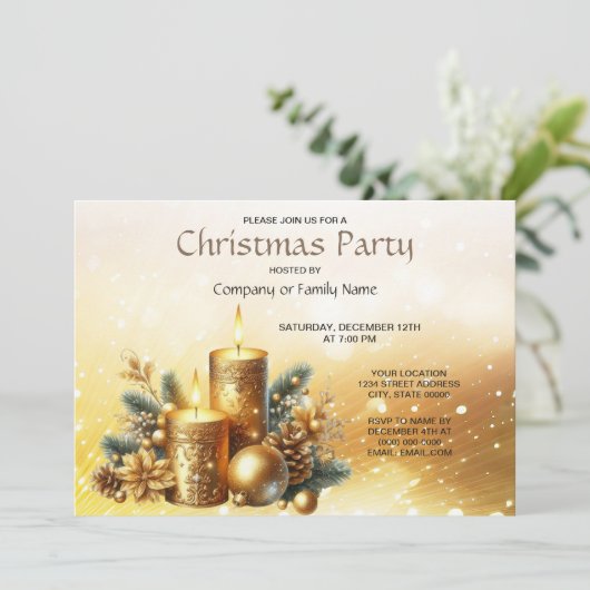 Gold Candles kerstfeest uitnodiging (Staand voorkant)