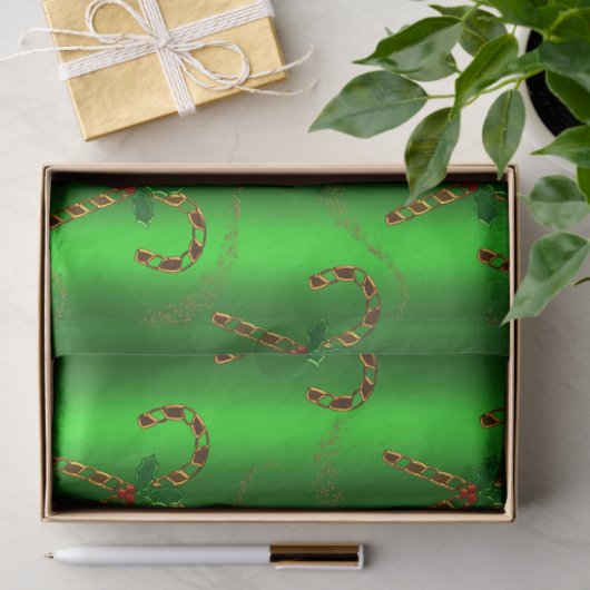 Gold Candy Canes en Holly met Green Kerstmis Tissuepapier (Geschenk)