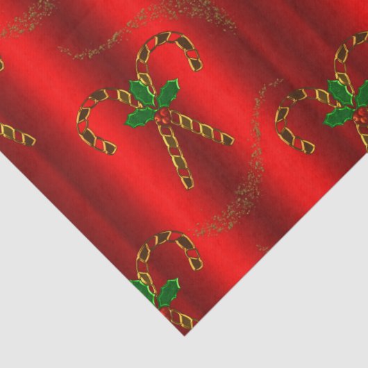 Gold Candy Canes en Holly op Rode Kerstmis Tissuepapier (Detail)