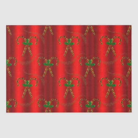Gold Candy Canes en Holly op Rode Kerstmis Tissuepapier (Voorkant)
