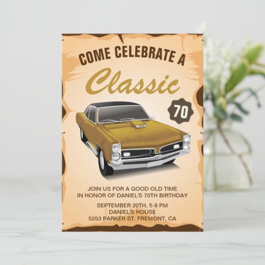  Gold Car Classic Verjaardagsuitnodiging Kaart (Staand voorkant)