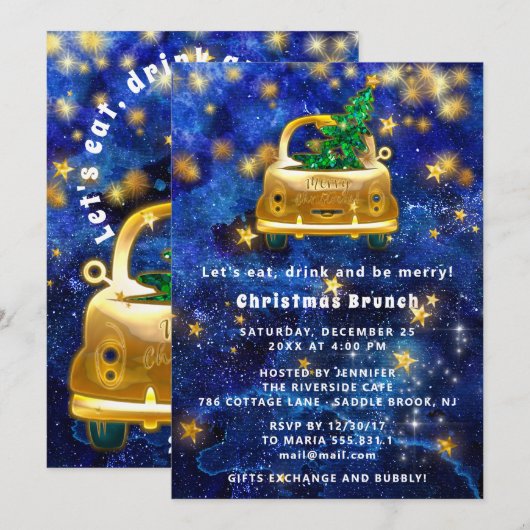 Gold Car Merry kerst Brunch Dinner Star Blue I Kaart (Voorkant / Achterkant)