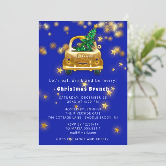 Gold Car Merry kerst Brunch Dinner Star Blue Kaart (Staand voorkant)