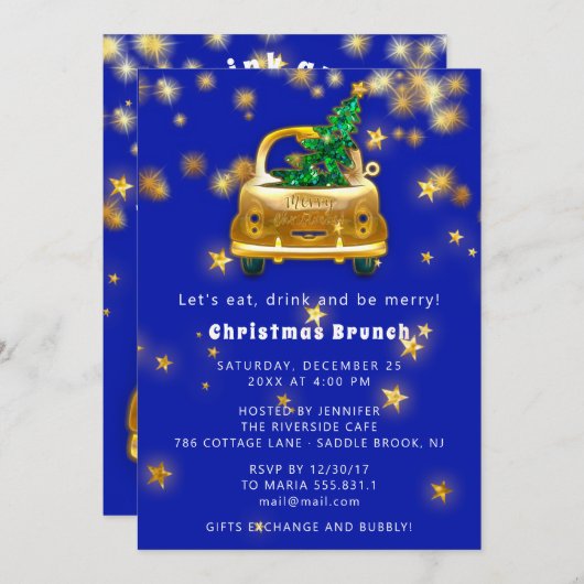Gold Car Merry kerst Brunch Dinner Star Blue Kaart (Voorkant / Achterkant)