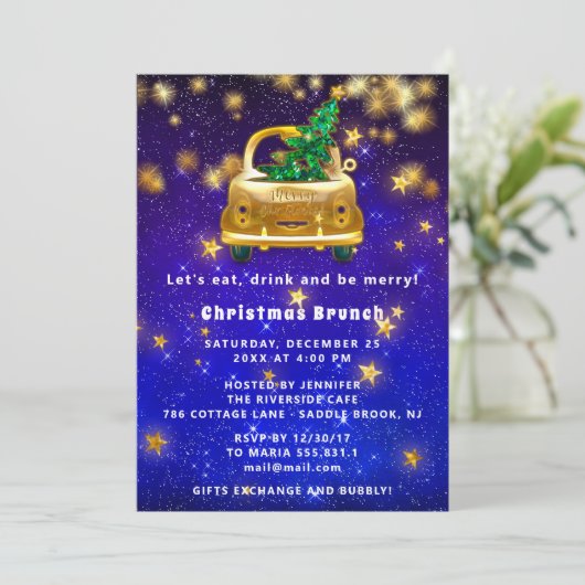 Gold Car Merry kerst Brunch Dinner Star Navy Kaart (Staand voorkant)