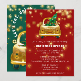Gold Car Merry Kerstmis Brunch Rood Groen Kaart