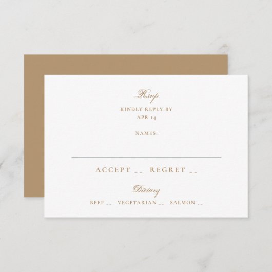 Gold Caramel Formal Calligraphy Elegant Wedding RSVP Kaartje (Voorkant / Achterkant)