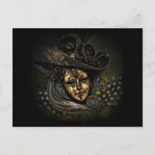 Gold carnival mask with blue hat and feathers briefkaart