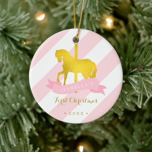 Gold Carousel Horse Baby's eerste Kerstmis Keramisch Ornament (Boom)