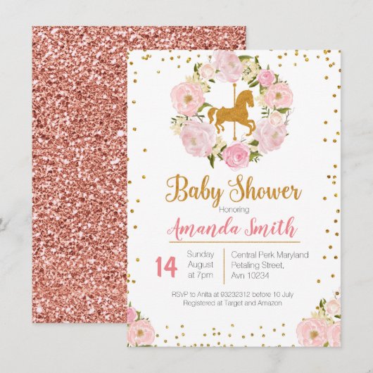 Gold Carrousel Baby shower-uitnodiging Kaart (Voorkant / Achterkant)
