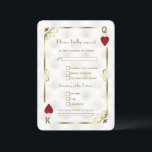 Gold Casino Las Vegas Gatsby Song Request Wedding RSVP Kaartje<br><div class="desc">Uniek casino Royale en Great Gatsby voor het kaartontwerp. Hij heeft een kunstdecostijl, een Roaring 1920's oude Hollywood gebroken lijst met faux goudfolie Fleur-de-lis, rode harten, Q en K op twee hoeken (het simuleren van speelkaarten), op de gouden witte Kunst Deco patroonachtergrond. Gebruik het gereedschap Personaliseren om je gegevens toe...</div>