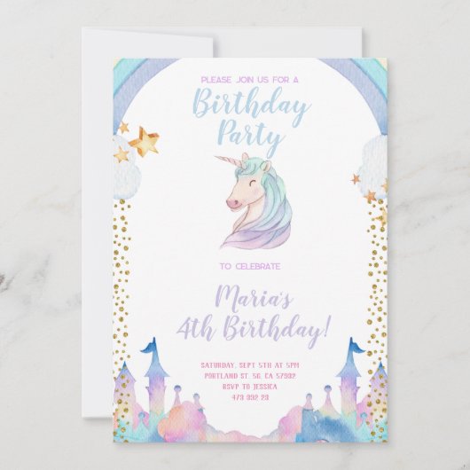 Gold Castle Unicorn Birthday Uitnodiging (Voorkant)
