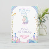 Gold Castle Unicorn Birthday Uitnodiging (Staand voorkant)