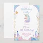 Gold Castle Unicorn Birthday Uitnodiging (Voorkant / Achterkant)