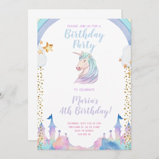 Gold Castle Unicorn Birthday Uitnodiging (Voorkant / Achterkant)