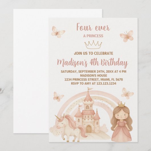 Gold Castle & Unicorn Party Uitnodigen Kaart (Voorkant / Achterkant)