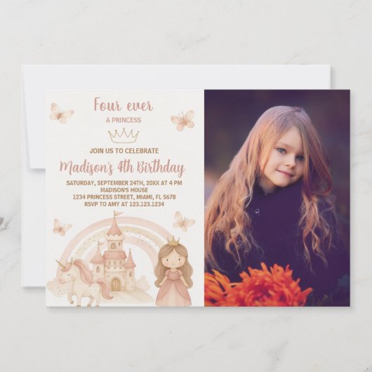 Gold Castle & Unicorn Party Uitnodigen met foto Kaart (Voorkant)