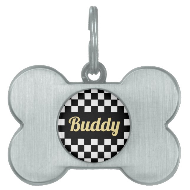 Gold Cat Dog Name Modern Black White Gecontroleerd Huisdieren Naamplaatje (voorkant)