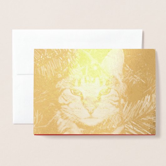 Gold Cat in Tree Fun Spint perfect kerstfeest Folie Kaarten (Voorkant met envelop)