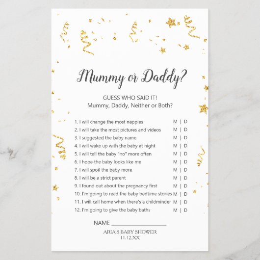 Gold Celebration Baby shower Mummy of Dad Game Flyer (Voorkant)