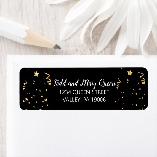 Gold Celebration on Black Return Address Labels (Insitu)