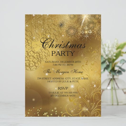 Gold Celebration Sparkle Kerstfeestdag Uitnodiging (Staand voorkant)