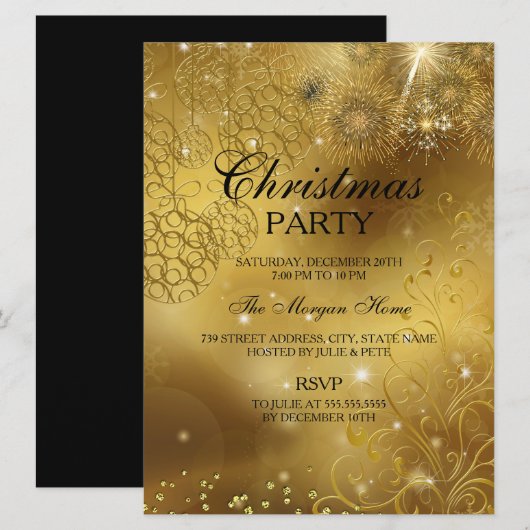 Gold Celebration Sparkle Kerstfeestdag Uitnodiging (Voorkant / Achterkant)