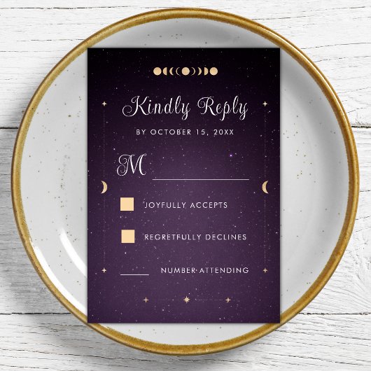 Gold Celestial Paars Galaxy Cosmic Wedding RSVP