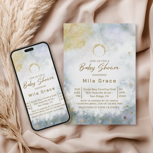 Gold Celestial Sky Waterverf Baby shower Kaart