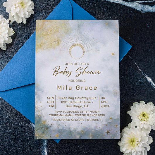 Gold Celestial Sky Waterverf Baby shower Kaart