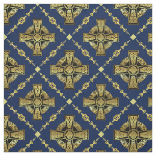 Gold Celtic cross/braided knoop design blue Stof