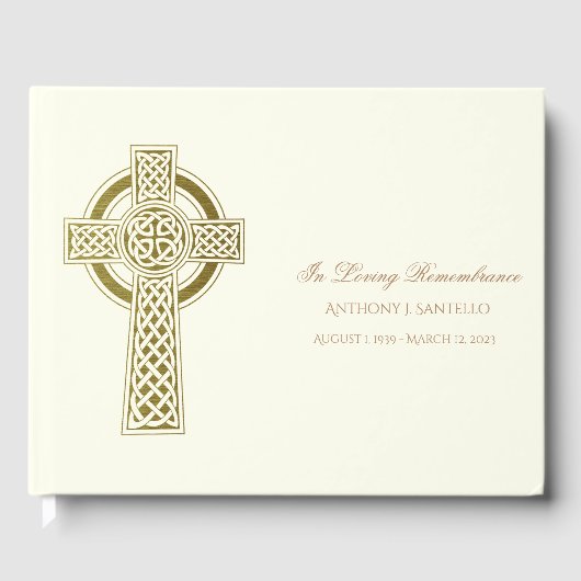 Gold Celtic Cross Irish Memorial Funeral Gastenboek (Voorkant)