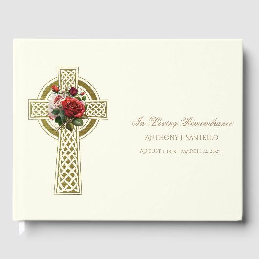 Gold Celtic Cross Irish Rozen Memorial Funeral Gastenboek (Voorkant)