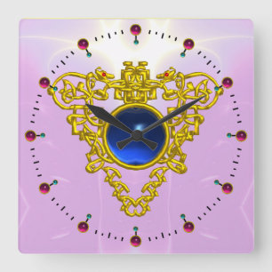 GOLD CELTIC-HART MET BLUE SAPPHIRE, zwart Vierkante Klok