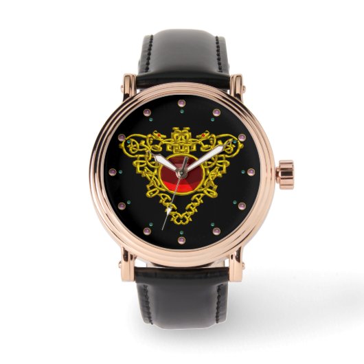 GOLD CELTIC HEART MET RODE RUBY, zwart Horloge (Voorkant)