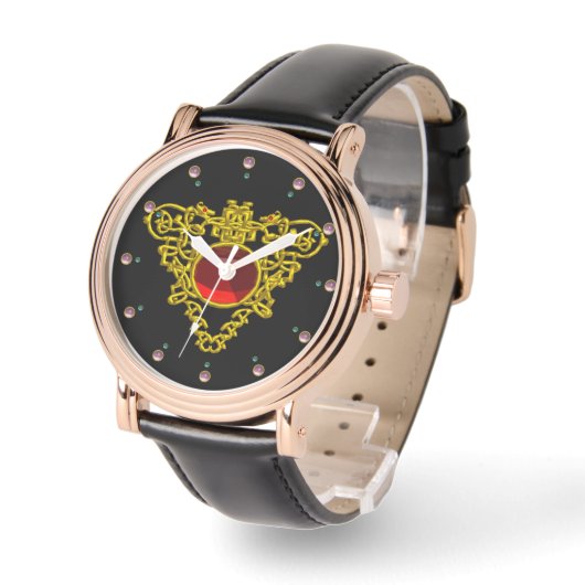 GOLD CELTIC HEART MET RODE RUBY, zwart Horloge (Hoek)