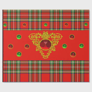 GOLD CELTIC HEART, RUBY, RED GREEN SCOTTISH TARTAN CADEAUPAPIER