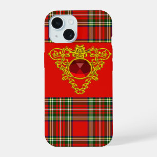 GOLD CELTIC HEART, RUBY, RED GREEN SCOTTISH TARTAN iPhone 15 CASE