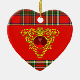 GOLD CELTIC HEART, RUBY, RED GREEN SCOTTISH TARTAN KERAMISCH ORNAMENT
