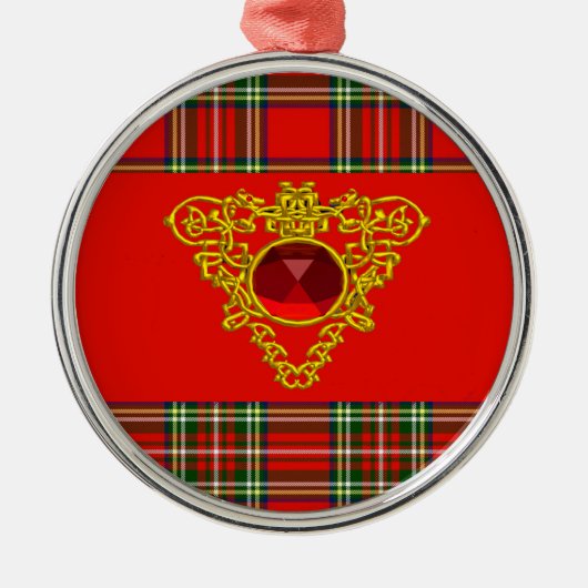 GOLD CELTIC HEART, RUBY, RED GREEN SCOTTISH TARTAN METALEN ORNAMENT (Voorkant)