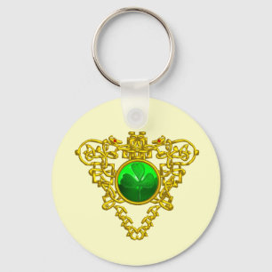 GOLD CELTIC HEART, SHAMROCK St Patrick's Day White Sleutelhanger