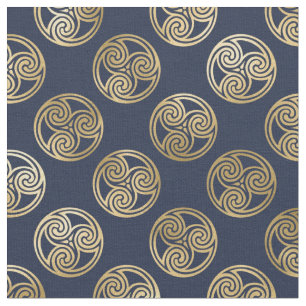 Gold Celtic Tris Spirals in Circles Blue Stof