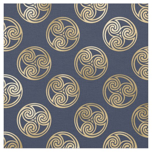 Gold Celtic Tris Spirals in Circles Blue Stof (Close Up)