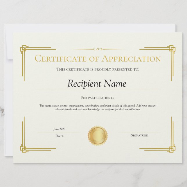 Gold Certificate of Appreciation Sjabloon (Voorkant)