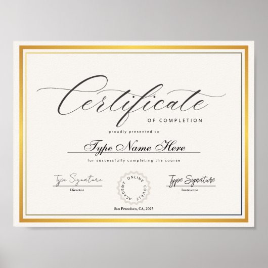 Gold Certificate of completion, award diploma Poster (Voorkant)