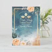 Gold Chalice Green Rozen Eerste Heilige Communie Kaart (Staand voorkant)