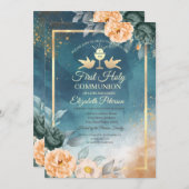 Gold Chalice Green Rozen Eerste Heilige Communie Kaart (Voorkant / Achterkant)