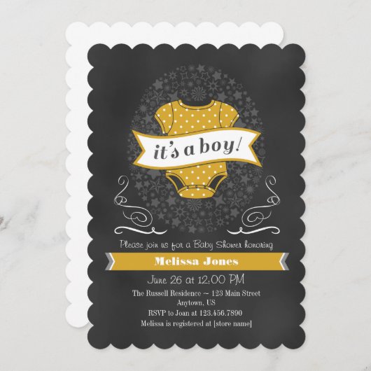 Gold Chalkboard Boy Baby shower Invite Kaart (Voorkant / Achterkant)