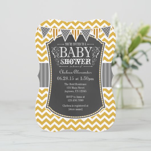 Gold Chalkboard Chevron Baby shower Invite Kaart (Staand voorkant)